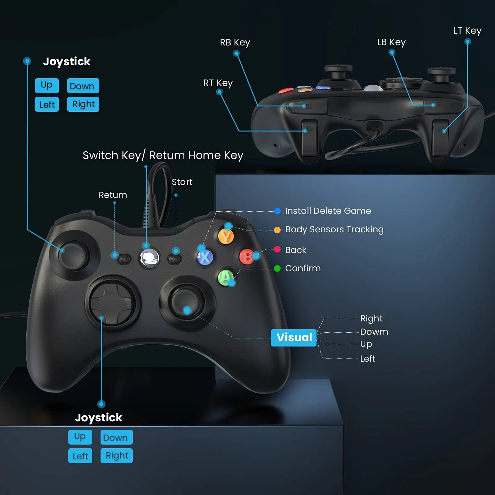 Wired Gamepad For Xbox 360 Game Controller with Dual-Vibration Turbo Compatible X box 360/360 Slim and PC Window Joystick