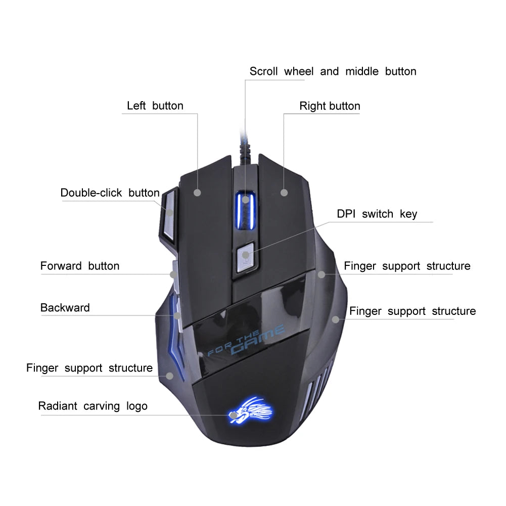 5500 DPI Adjustable Optical PC Gamer Mice Wired Gaming Mouse 7 Button Backlit Laptop Computer Ergonomic Mice Silent
